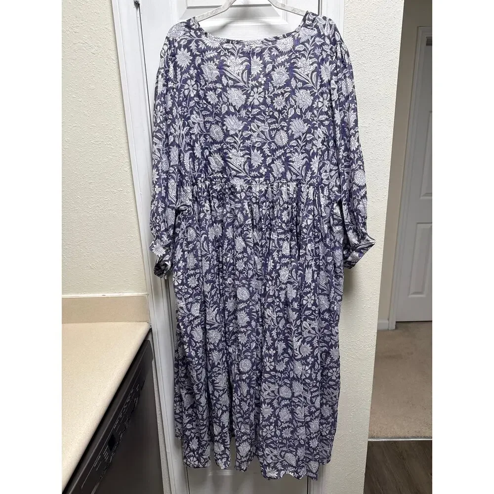 Daughters Of India Kyra Blue Iris Floral Long Peasant Sleeve Midi Dress Size 3XL